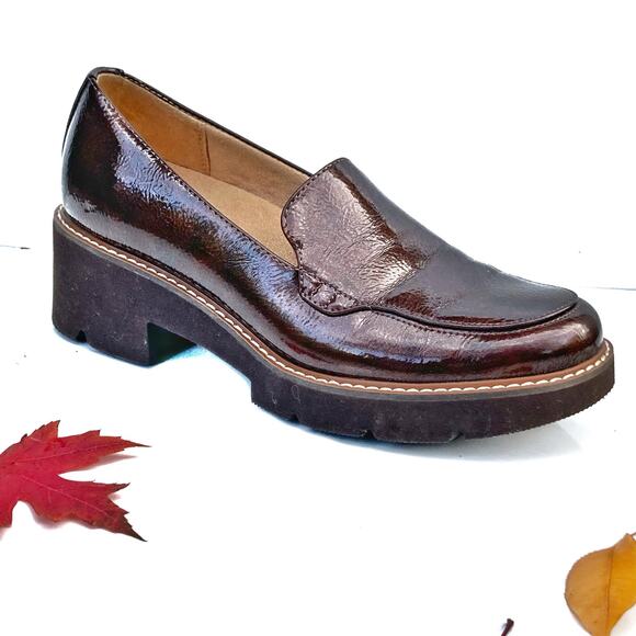 Naturalizer Cabaret Burgundy Patent Loafers | Block Heel Lug Sole Preppy Staple - Picture 2 of 16